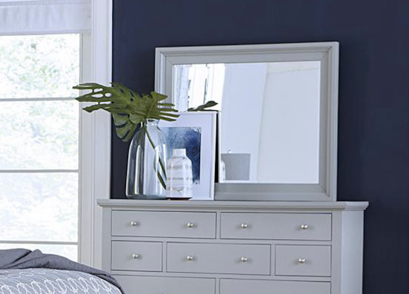 Cambridge Collection mirror by Aspenhome in a grey finish with birch veneer. Transitional style featuring meticulously crafted design and accent hardware, adding a modern touch to traditional elements.